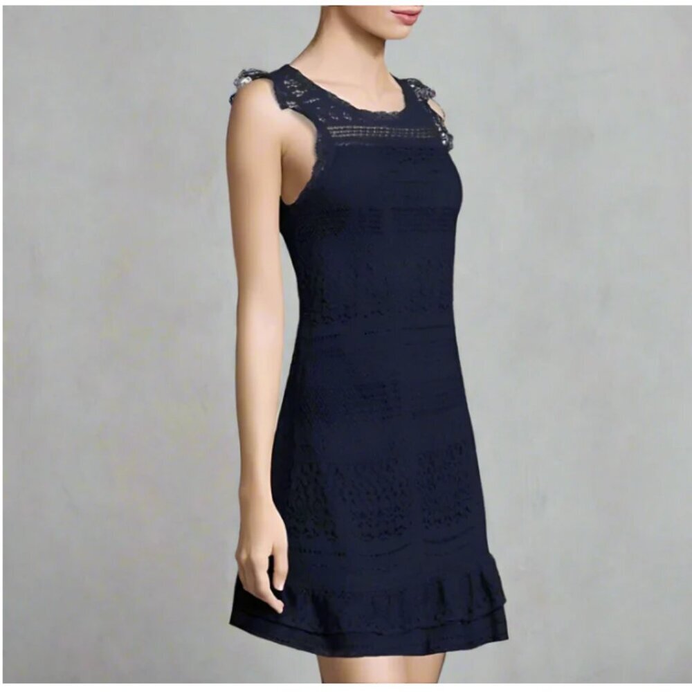 Joie Dress Cotton Ruffle Mini Dress Large Navy Blue Sleeveless Shift Shift Lace